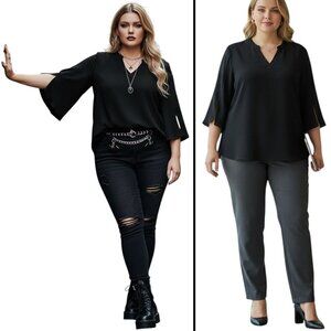 Anyally Chiffon ¾ Split Sleeve Tunic Blouse Black Workwear Whimsigoth Sz 4XL NEW